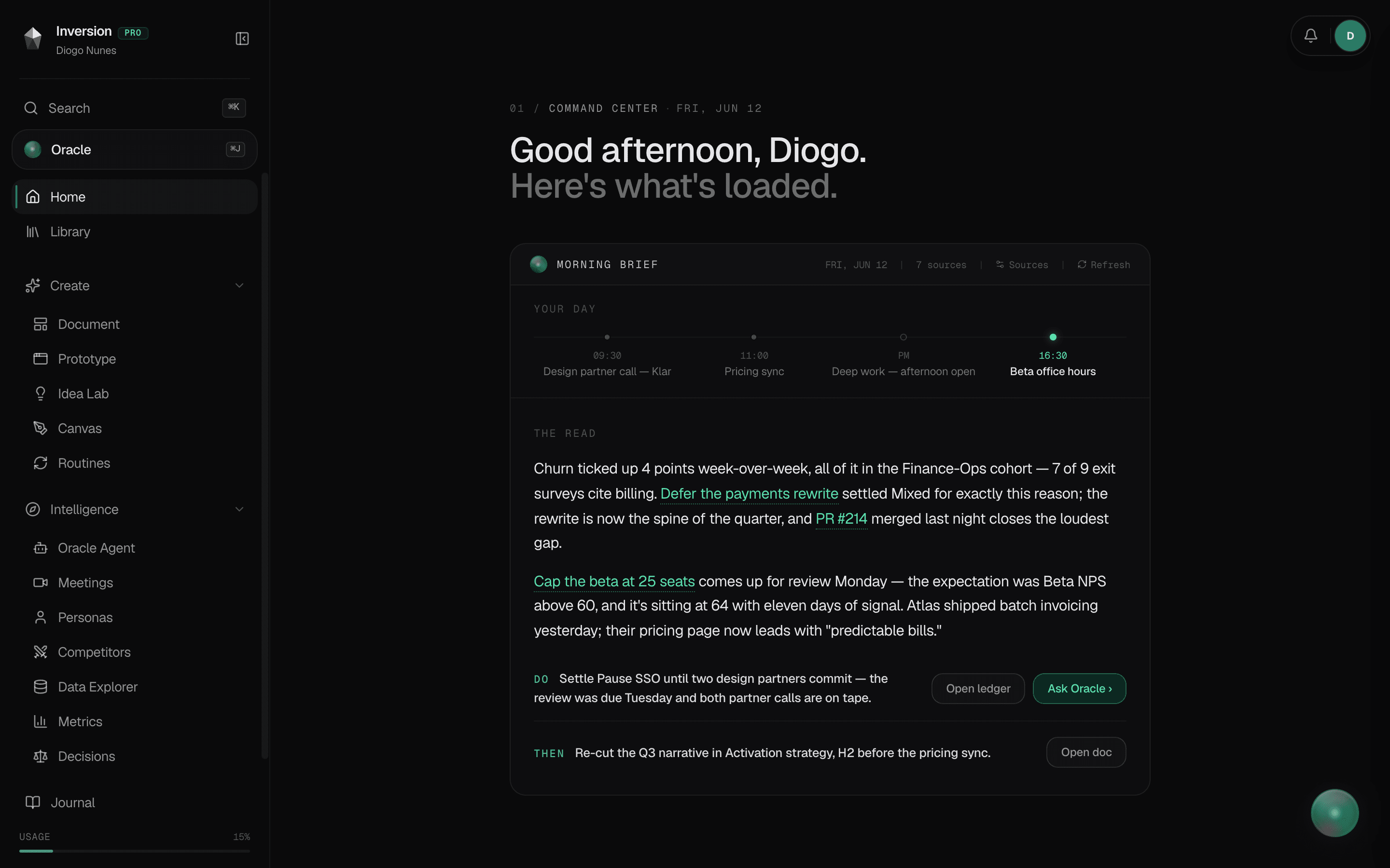 The Inversion morning brief — the day already loaded: the read, actions, timeline, and live sources