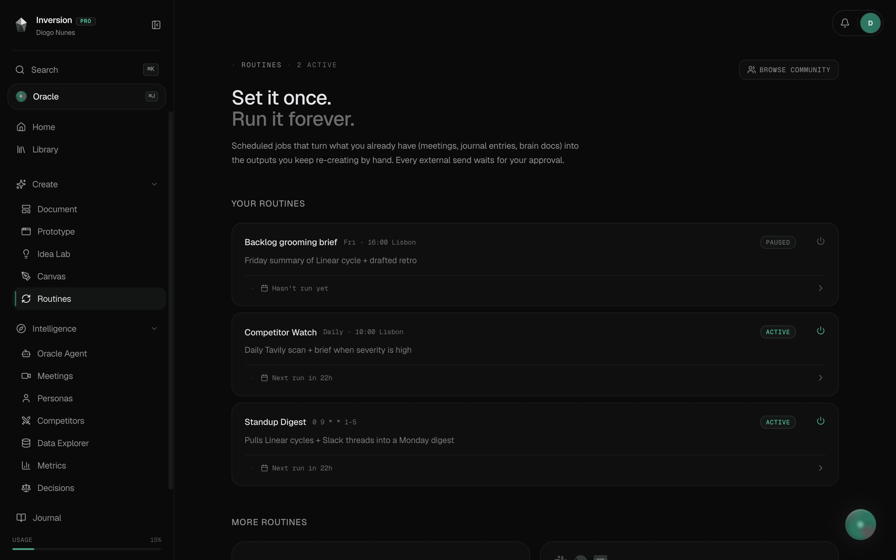 Inversion routines — scheduled jobs built from your meetings, journal, and brain docs